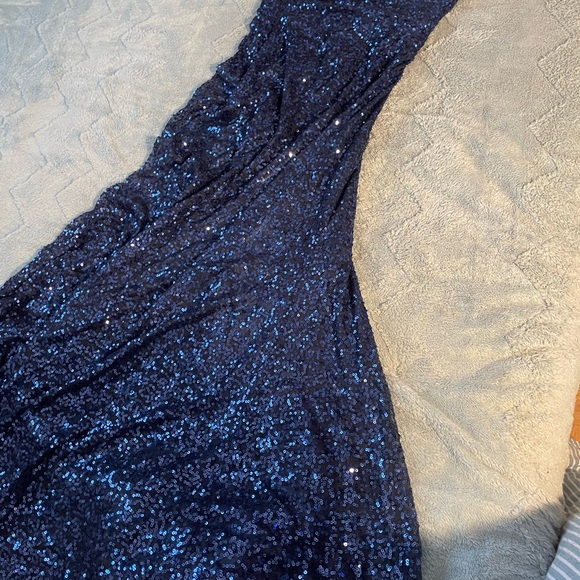 La Femme Royal Blue Sequin Evening Gown | Spaghetti Strap Slit Dress - Picture 3 of 4